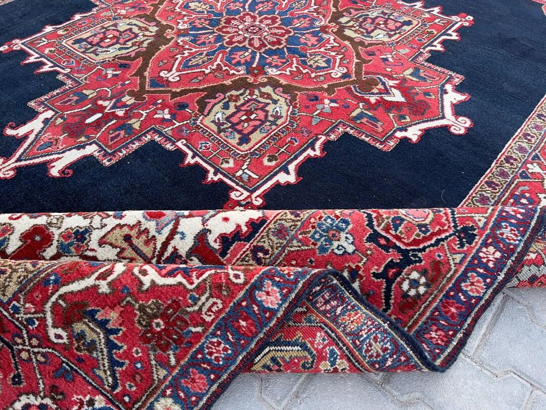 Navy Vintage Rug 9x12 Heriz Design Rug Bohemian Rug Wool Etsy