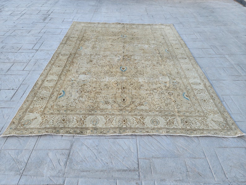 Neutral Rug 9x12, Vintage Rustic Rug, Hand Woven Rug, Wool Decor Rug