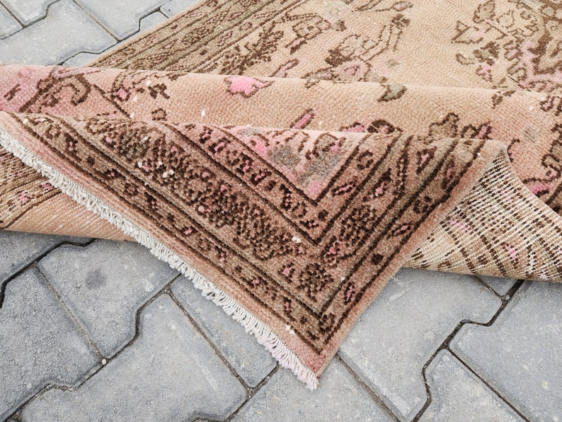 Rug Design Guide 4x10 Wool Runner Rug: Vintage Hand Knotted Beige, Pink, and Brown ...