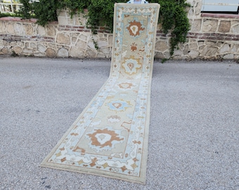 Handwoven Wool Oushak Runner Rug: 3x13 Turkish Entry Rug, Hallway Rustic Decor
