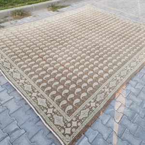 Oversized Wool Rug 10×13, Vintage Hand Woven Wool, Green Oriental Traditional Carpet