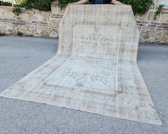 7x10 Hand-Knotted Wool Oushak Rug: Turkish Beige Distressed Carpet