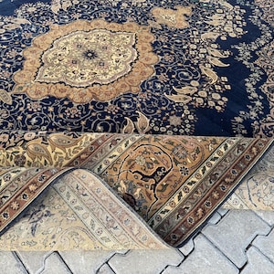 Vintage 10x13 Large Rug, Navy Blue Medallion Oversize Rug, Rustic Decor Home Rug, Oriental Area Rug, Rugs For Living Room