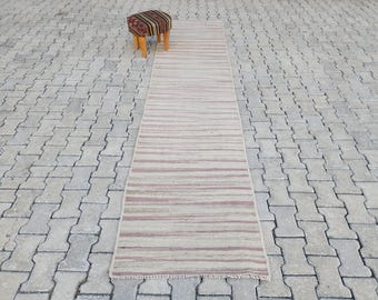 Soft Neutral Turkish Kilim Runner Rug: 2.7x11 Handwoven Wool
