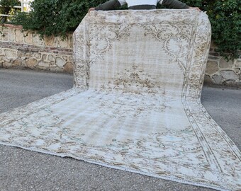 6x9 ベージュ ヴィンテージ ウシャク ラグ、トルコ製手織りウール メダリオン エリアラグ（リビングルーム用）