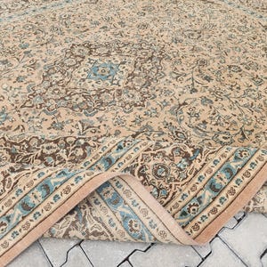 Vintage Turkish Wool Rug 9×12 , Beige & Green : So Woven Rustic Decor