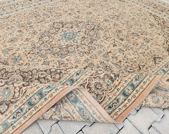 Vintage Turkish Wool Rug 9×12 , Beige & Green : So Woven Rustic Decor