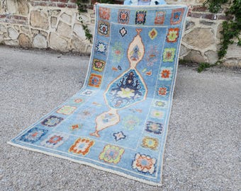 Patina Blue Oushak Rug 3x6: Handwoven Turkish Wool Area Rug, Boho Vintage Decor