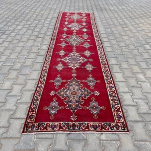 Turkish Runner 3x13, Wool Hand Woven Rustic Runner Rug, Oriental Red Runner Rug, Rugs For Hallway, Entryway Runner Rug