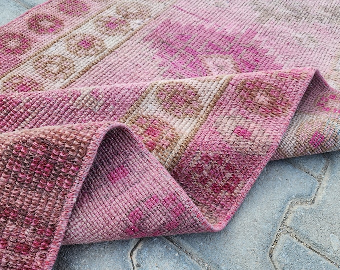 Vintage Runner 2.8x12, Pink Runner Rug, Bohemian Runner Rug, Hand Made