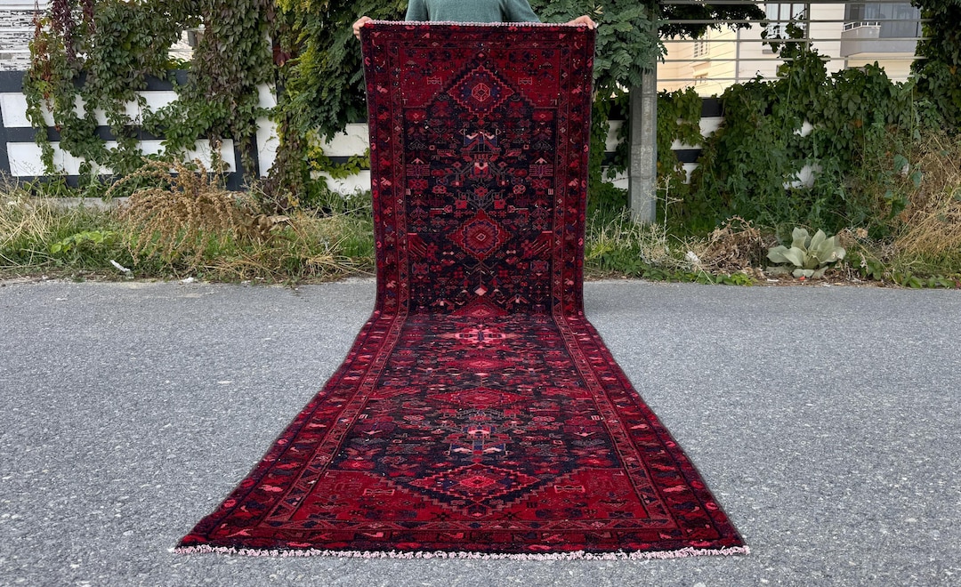 3x10 Vintage Turkish Wool Runner Rug, Red Black Persian Geometric ...