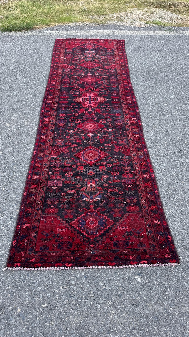 3x10 Vintage Turkish Wool Runner Rug, Red Black Persian Geometric ...