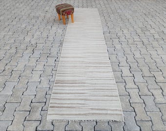 2x11 Handwoven Turkish Kilim Runner Rug: Neutral Wool Farmhouse Rug