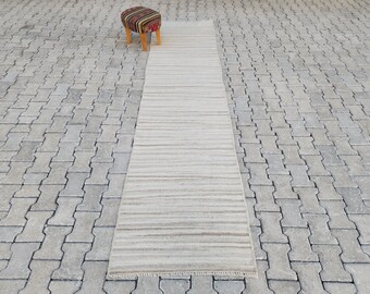 Neutral Turkish Kilim Runner Rug: 2.7x12, Handwoven Wool