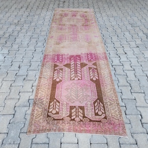 3x11 Vintage Wool Runner Rug:  Pink Persian Design Entry Rug, Hand Knotted