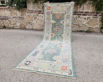2x7 Green Oushak Runner Rug, Eco Friendly Rug, Up Cycled Wool, Kitchen Decor