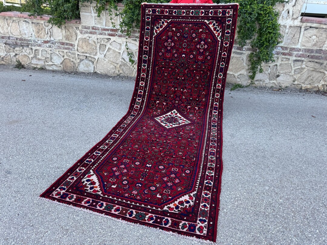 レッドウールの手織りランナーラグ 4x11：オリエンタルな玄関