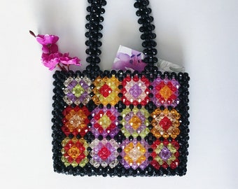 Granny Square Bead Bag, Granny Square, Crystal Orange Beaded Bag,Pink Bead Bag, Bead Shoulder Bag,Wedding Bag,Handmade Bag,Granny Square Bag