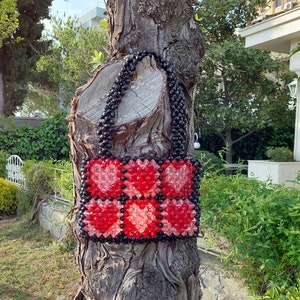 Heart Bead Bag, Black Bead Bag, Handmade Bead Bag, Valentine's Day Gift, Heart Bag, Beaded Bag,Handmade Bag, Bead Bag, Red Heart Bead Bag