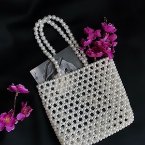 Perle Perlentasche, Perle Geldbörse, Perle Tasche, weiße Abendtasche, Geschenk für sie, Vintage Tasche, Kunstperle Schultertasche, Frauenhandtaschen, handgemachte Tasche