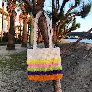 Crystal Transparent Beaded Bag, Rainbow Bead Bag, Crystal Bead Bag, Bead Shoulder Bag, Bead Bag,Vintage, Handmade Bag, Rainbow, Rainbow Bag