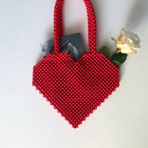 Heart Bead Bag, Red Beaded Bag, Handmade Bead Bag,Valentine&#39;s Day Gift,Heart Bag,Beaded Bag,Gift For Her,Handmade Bag,Bead Bag,Red,Woman Bag