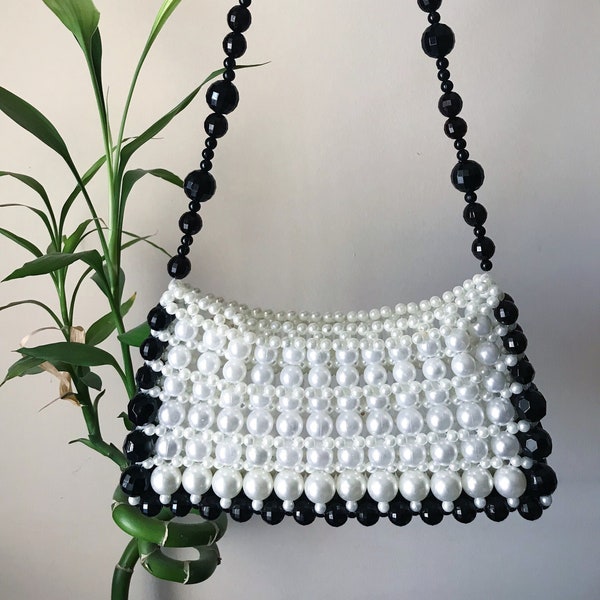 Pearl Bead Bag, Pearl Purse, Pearl Bag, White Evening Bag, Wedding Bag, Vintage Bag,Faux Pearl Bag, Bridal Bag, Handmade Bag,Bridal Bead Bag