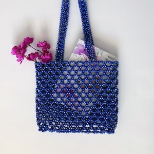 Crystal Bead Bag, Crystal Blue Beaded Bag, Blue Bead Bag, Bead Shoulder Bag, Bead Bag,Vintage, Handmade Bag, Mothers Day Gift, Blue,Blue Bag