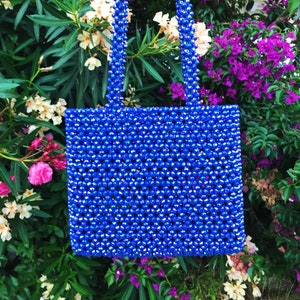 Tas met kristalblauwe kralen, tas met blauwe kralen, tas met kristallen kralen, schoudertas met kralen, tas met kralen, vintage, handgemaakte tas, Moederdagcadeau, blauwe, blauwe tas