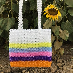 Crystal Transparent Beaded Bag, Rainbow Bead Bag, Crystal Bead Bag, Bead Shoulder Bag, Bead Bag,Vintage, Handmade Bag, Rainbow, Rainbow Bag