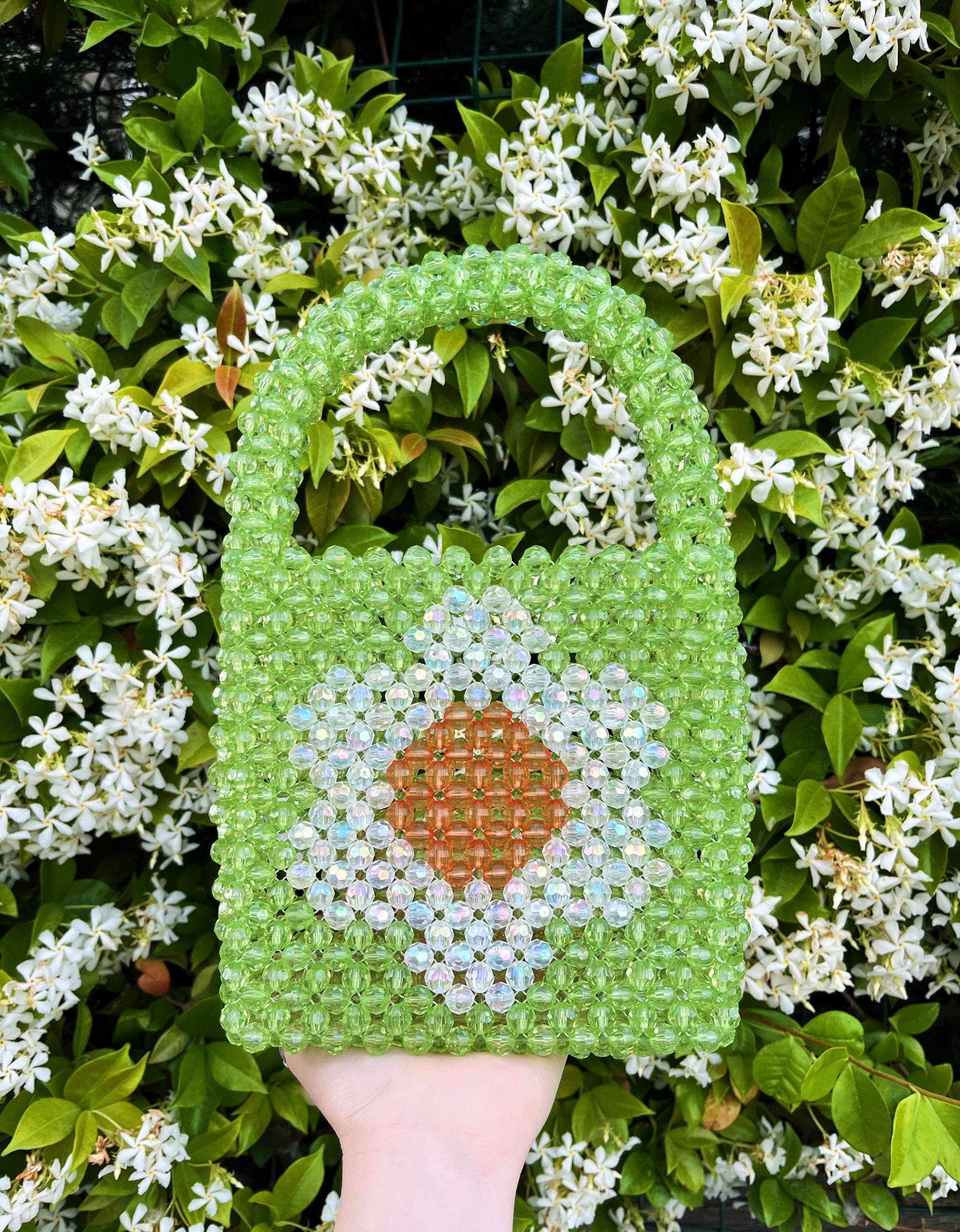 Handmade Crystal Daisy Bead Bag, Green Flower Shoulder Beaded Bag