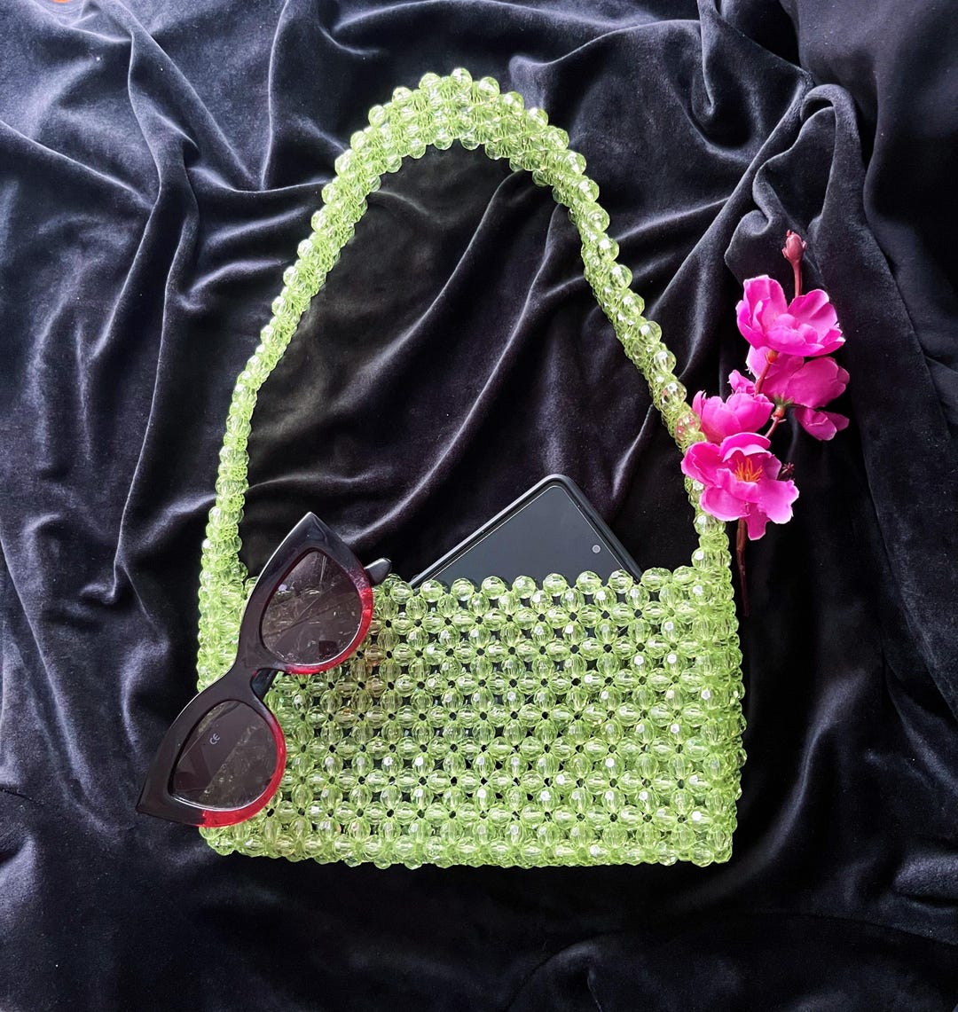 Handmade Crystal Beaded Bag, Green Transparent Bead Shoulder Bag