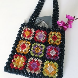 Granny Square Bead Bag, Granny Square, Crystal Orange Beaded Bag, Pink Bead Bag, Bead Shoulder Bag, Bead Bag Vintage, Handmade Bag, Mom Gift image 3