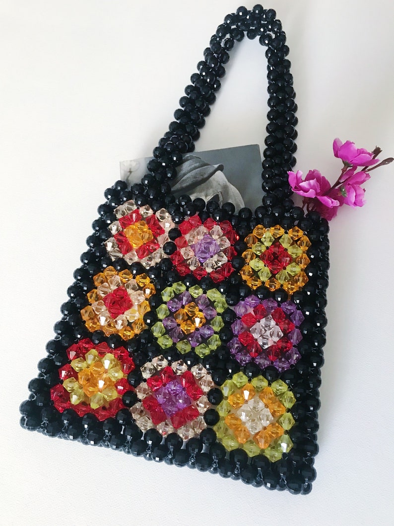 Granny Square Bead Bag, Granny Square, Crystal Orange Beaded Bag, Pink Bead Bag, Bead Shoulder Bag, Bead Bag Vintage, Handmade Bag, Mom Gift image 3