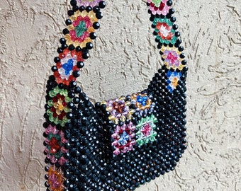 Granny Square Bead Bag, Granny Square, Crystal Beaded Bag,Crystal Bead Bag, Bead Shoulder Bag, Bead Bag Vintage, Handmade Bag, Granny Square