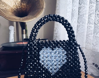 Sac de perles coeur, sac de perles noires, sac de perles fait main, sac de perles coeur bleu, sac coeur, sac de perles, sac de perles bleu, sac coeur bleu, cadeau de fête des mères