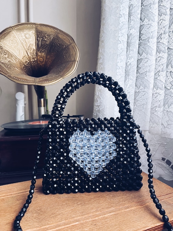 【AAKE】HEART BEAD CROSSBODY BAG Heart Bead Bag, Black Bead Bag,handmade Bead Bag, Blue Heart