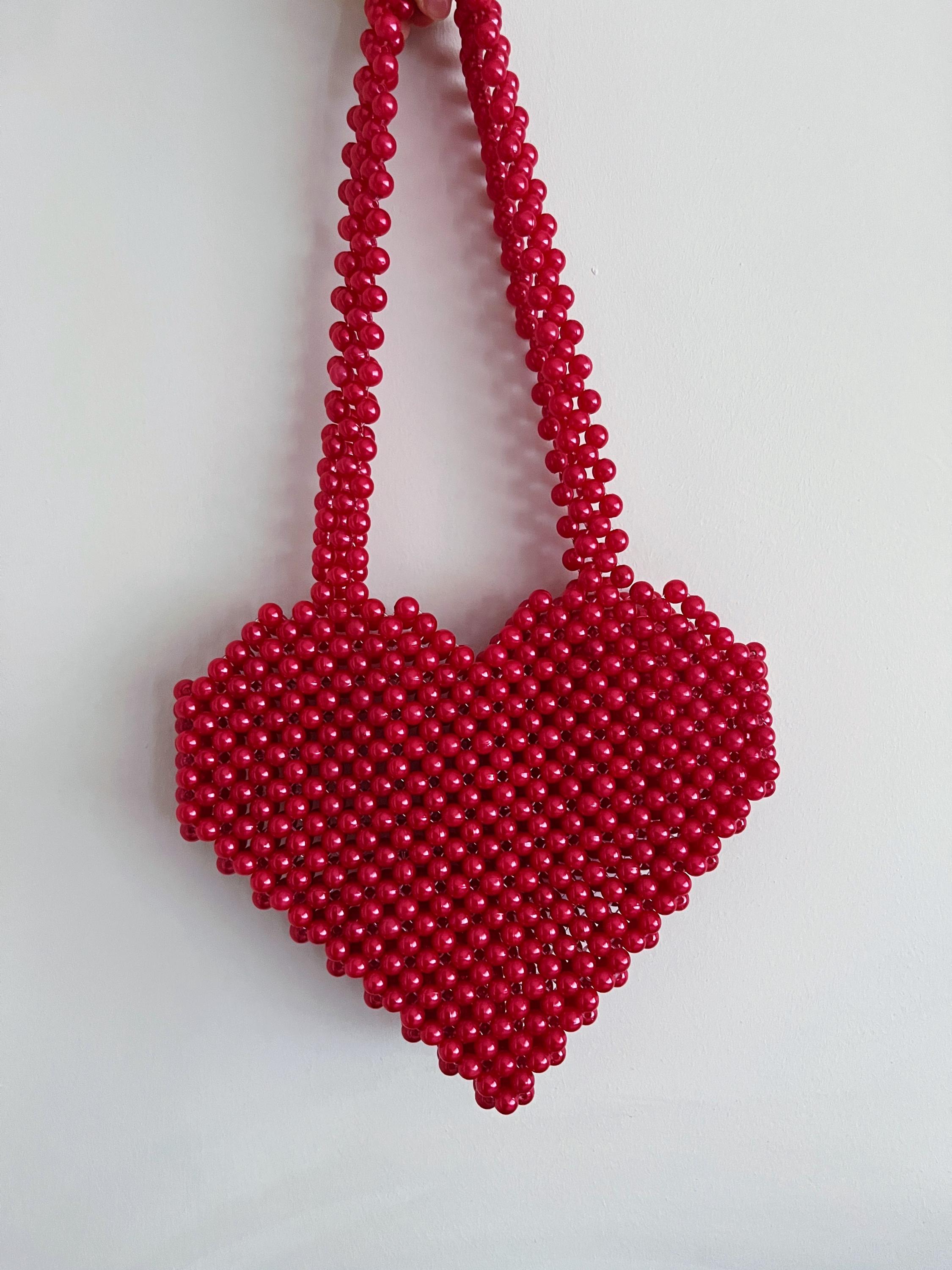 Heart Bead Bag, Red Beaded Bag, Handmade Bead Bag, Red Heart