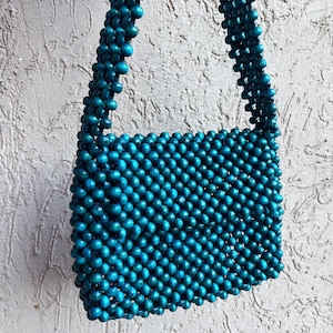 Wood Beaded Bag, Blue Wood Bead Handbag, Colorful Bead Bag, Blue Shoulder Bag, Bead Bag Vintage, Handmade Bag,Bead Bag, Blue Wood Bag, Green