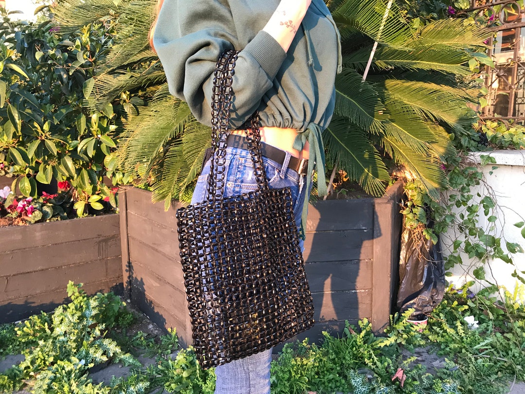 Sac en perles de cristal noir, sac en perles noires, sac à