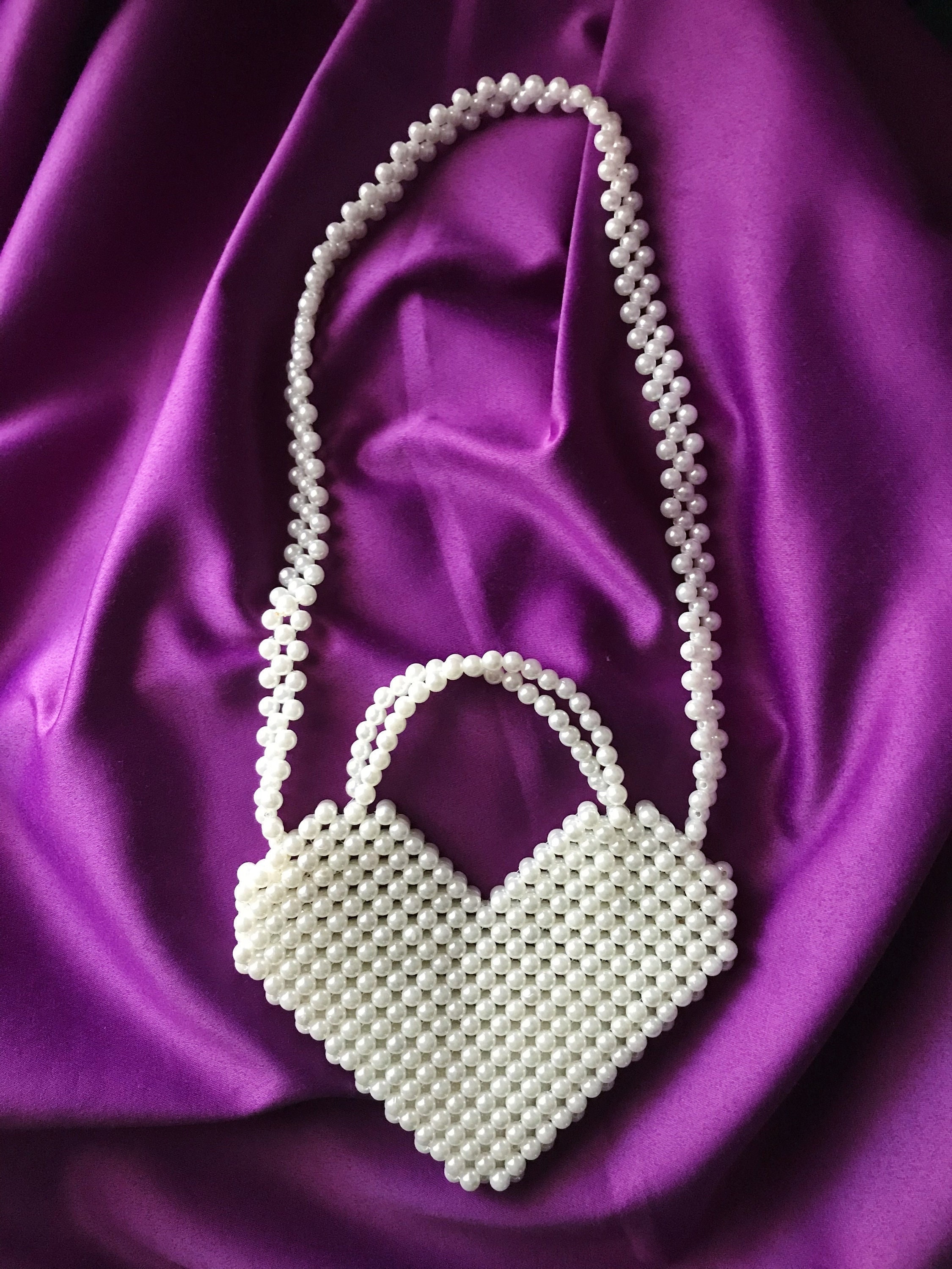 【AAKE】HEART BEAD CROSSBODY BAG Heart Pearl Bead Bag, Pearl Purse, Pearl Bag, White Evening