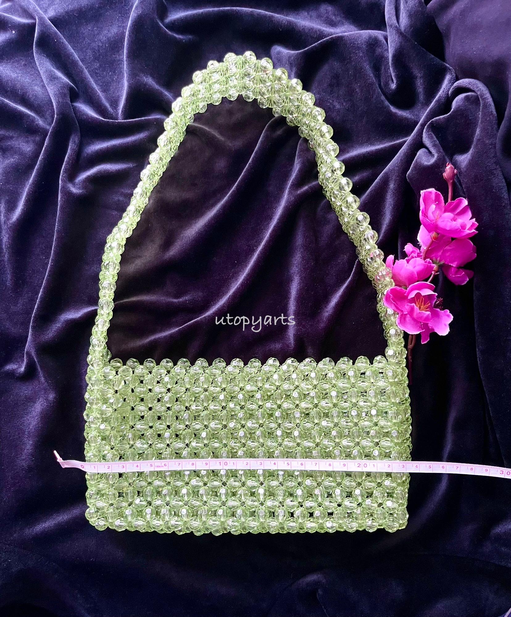 Handmade Crystal Beaded Bag, Green Transparent Bead Shoulder Bag