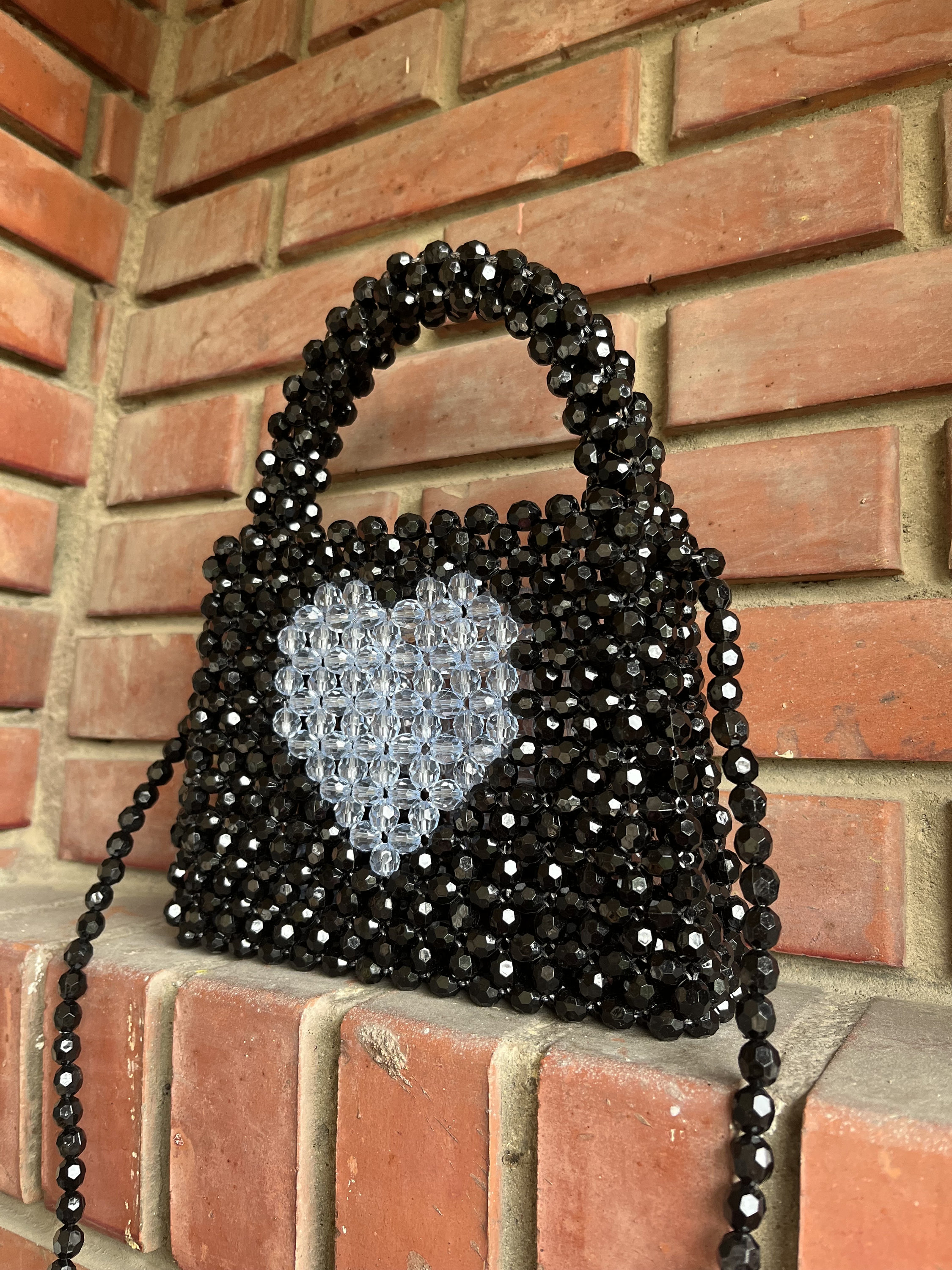 Heart Bead Bag, Black Bead Bag,handmade Bead Bag, Blue Heart
