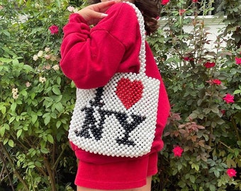 I Love New York, I Love New York Bead Shoulder Bag, Women Bead bag, Handmade Bag, Bead Bag, Bead Bag Vintage, Gift For Her ,Women handbags