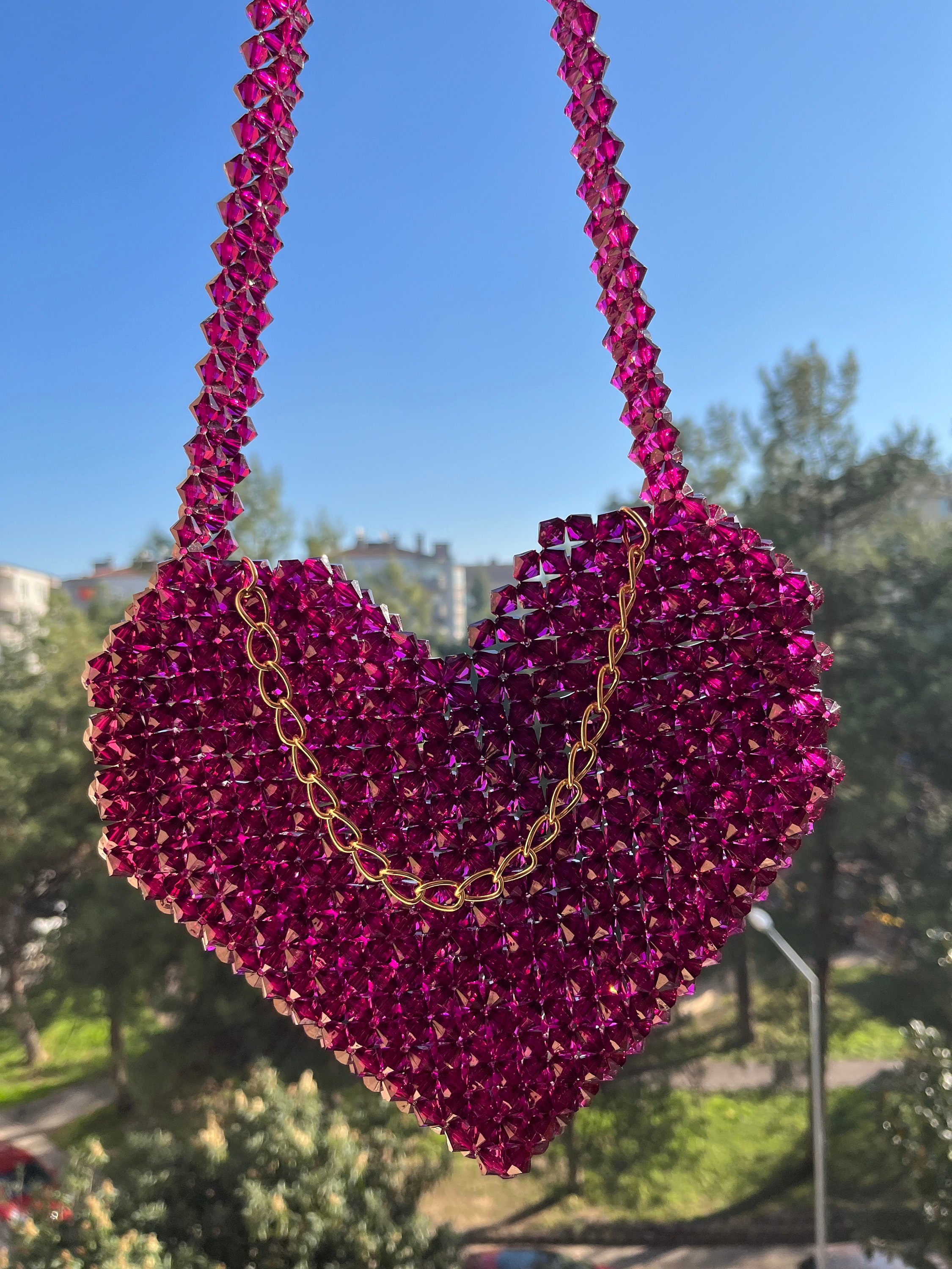 バッグ RED HUMAN MADE HEART BEADED BAG Heart Bead Bag, Red Beaded Bag, Handmade Bead Bag
