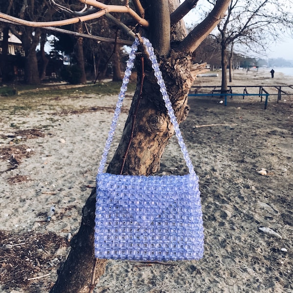 Handmade Crystal Beaded Bag, Blue Purple Transparent Bead Shoulder Bag