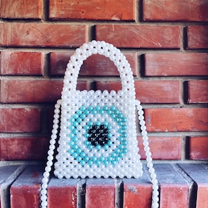 Evil Eye Bead Bag, Pearl Beaded Bag, Crystal Bead Bag, Bead Shoulder Bag, Evil Eye Bead, Handmade Bag, Mothers Day Gift, Bead Bag,Beaded Bag