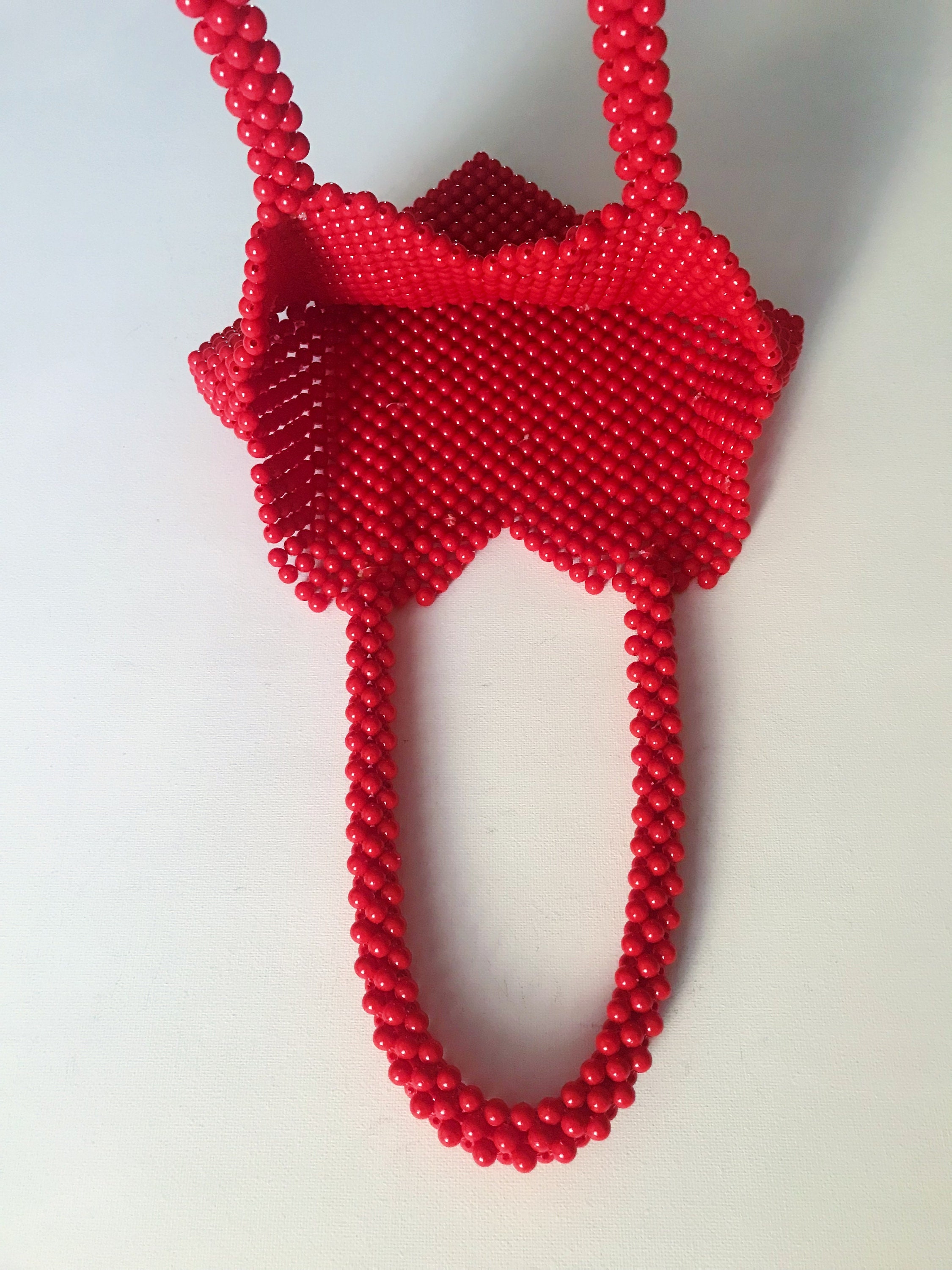Heart Bead Bag, Red Beaded Bag, Handmade Bead Bag