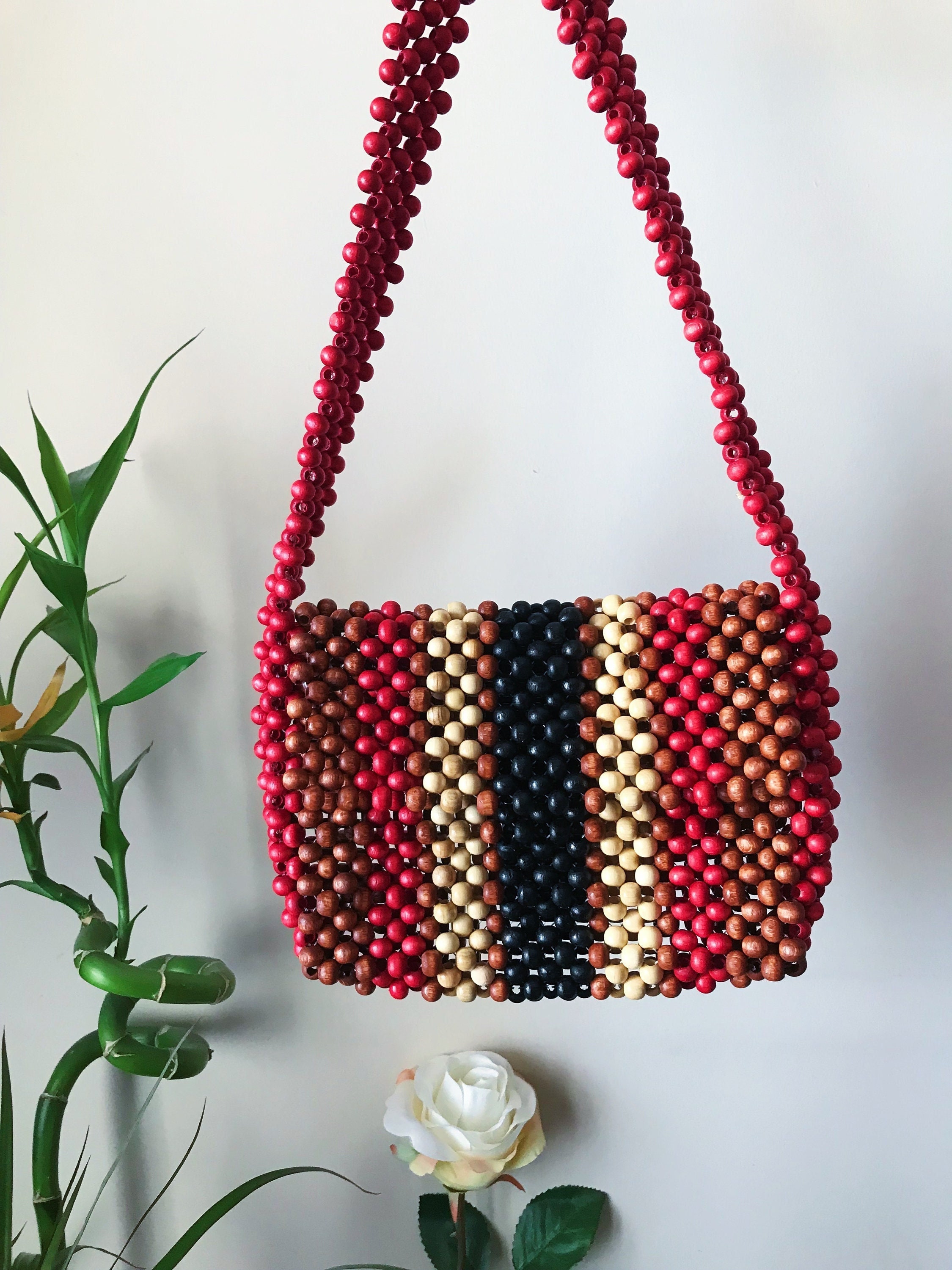Wood Beaded Bag, Wood Bead Handbag, Red & Black Bead Bag