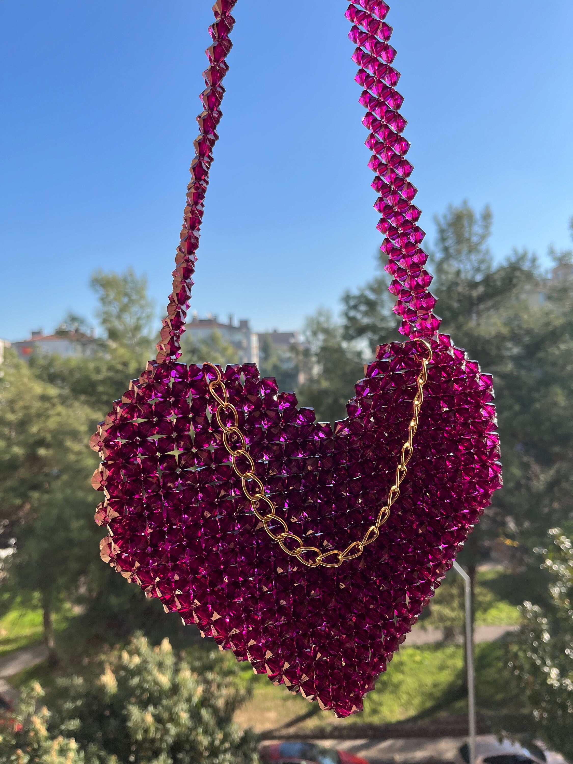 Heart Bead Bag, Red Beaded Bag, Handmade Bead Bag